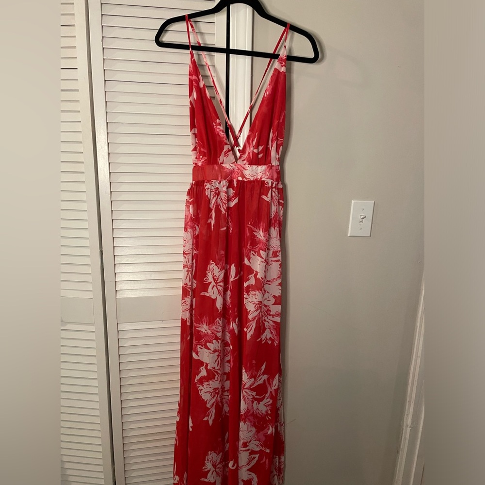 NEW Coral Floral Maxi Dress, Sheer Material, Low Neck/Back, Spaghetti Straps